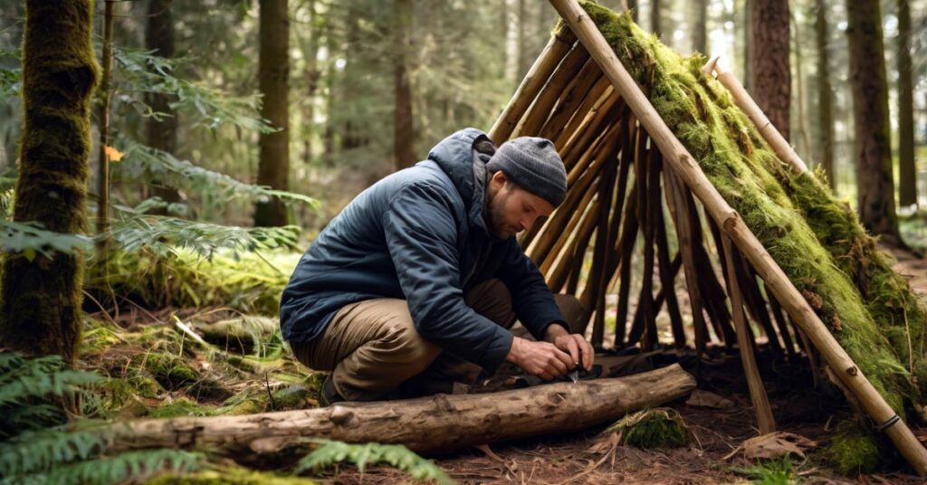 Bushcraft camping shelter made from branches and leaves