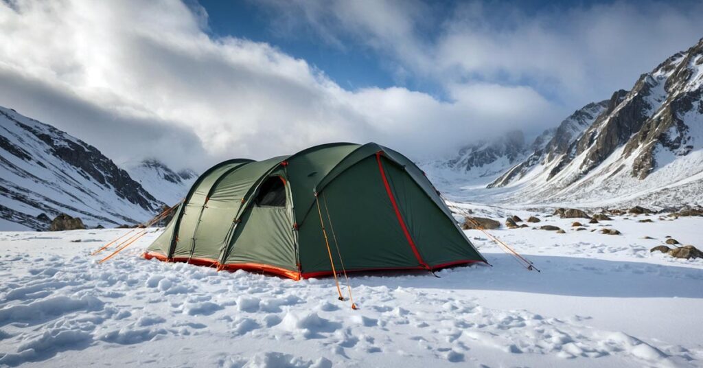 A durable 4-season tent standing firm in snowy, windy conditions, showcasing its weatherproof design and reinforced poles.