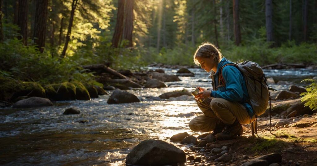 Camper collecting water from a stream in the wilderness