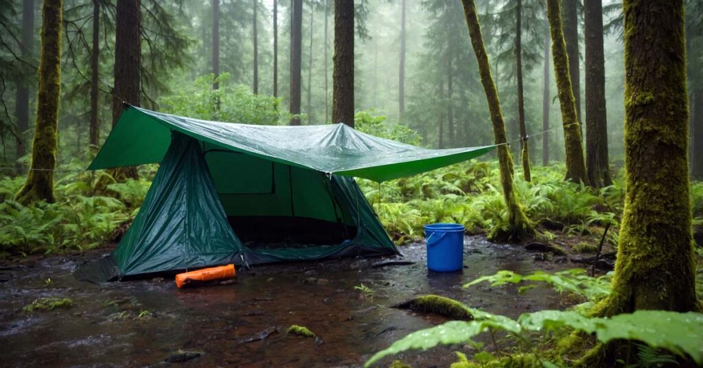 Tarp setup for collecting rainwater while camping