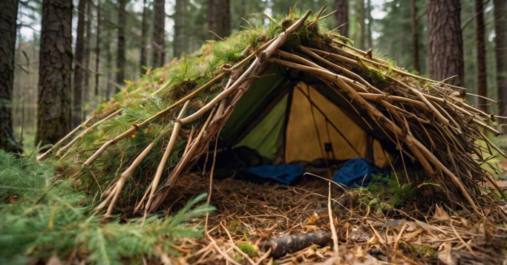 Layering leaves and grass on a bushcraft shelter frame for insulation