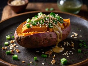 Topping baked sweet potatoes with miso butter and sesame seeds