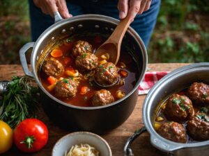 Adding canned meatballs to Thai Boat Noodle Soup broth while camping