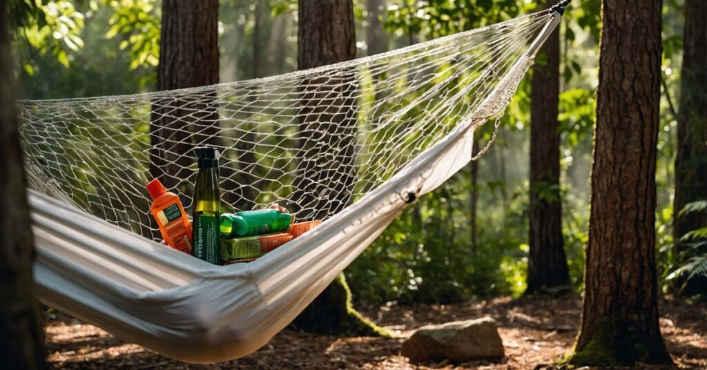 Applying insect repellent for bug-free hammock camping