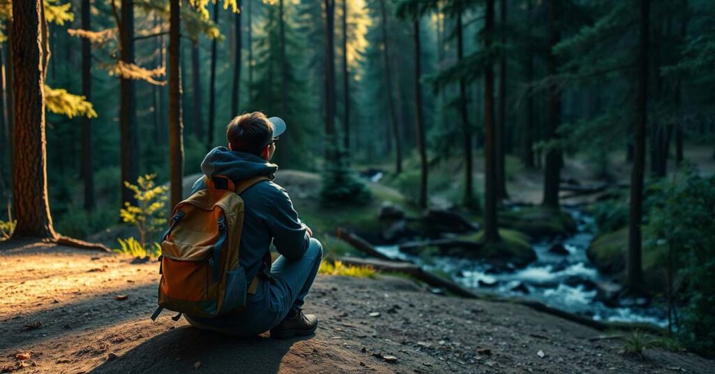 Camper assessing a flat, safe location to build a survival shelter in the wilderness