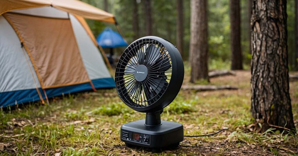 Battery-operated fan near tent entrance to keep bugs away