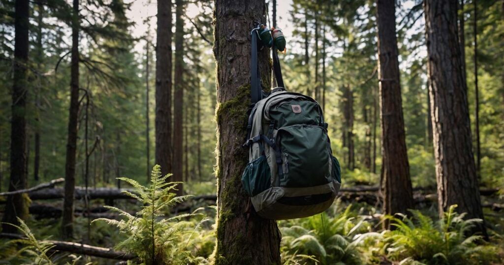 Proper food storage while camping: bear bag hanging from a tree to protect from wildlife