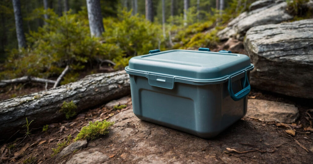 A bear-resistant food container used to store food and prevent wildlife encounters while camping