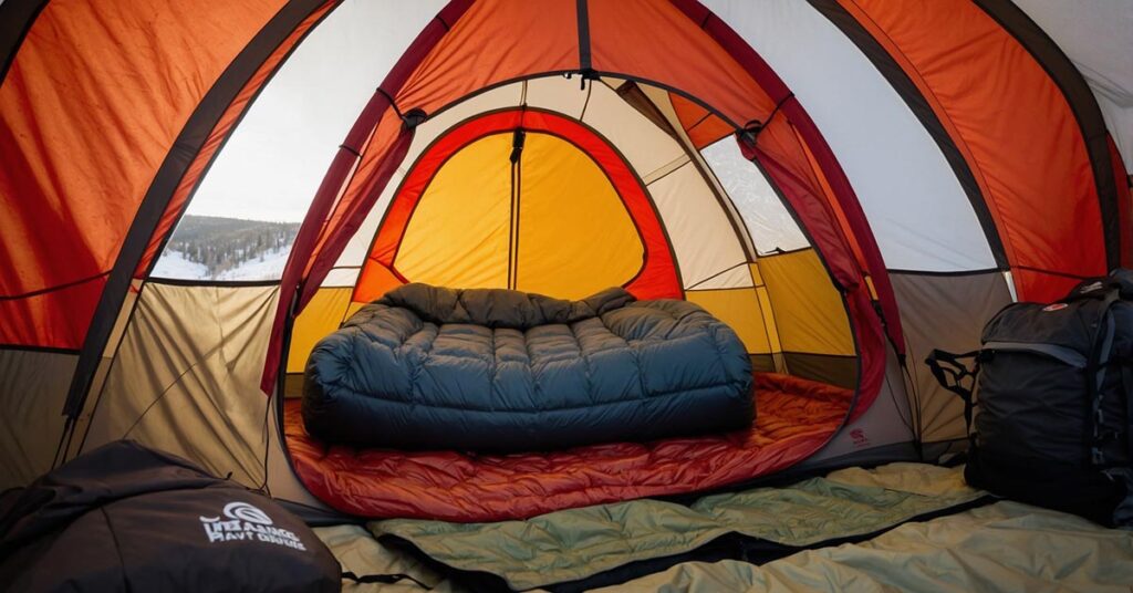 Spacious interior of the Big Agnes Battle Mountain 3-Person Tent, showing three people sitting comfortably with gear.