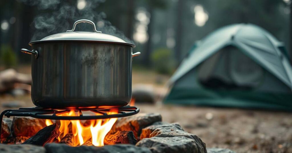 Boiling water over a campfire for safe drinking in the wild