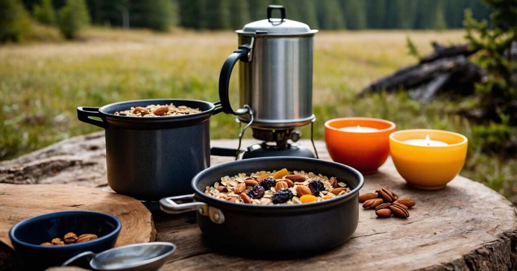 Easy camping breakfast idea: oatmeal with dried fruits and nuts cooked on a camp stove