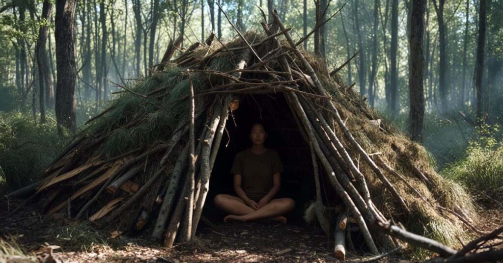 Building a debris hut shelter for bushcraft camping using branches, leaves, and grass for insulation.