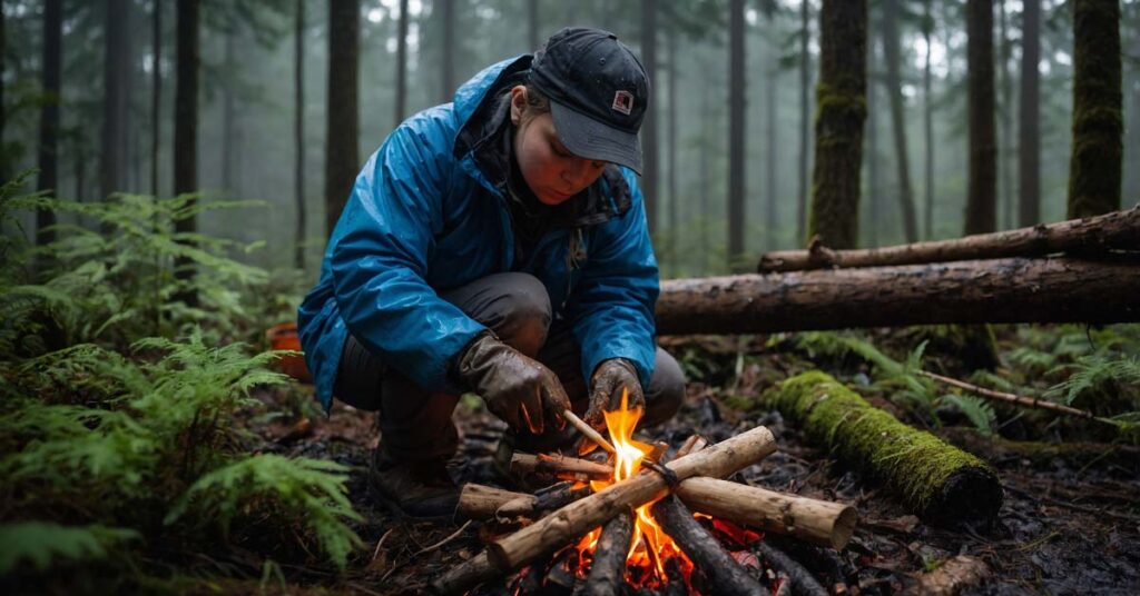 Camper building a fire in wet conditions for warmth and survival.