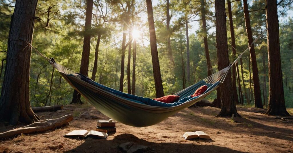 A camper relaxing in a hammock in a peaceful forest setting