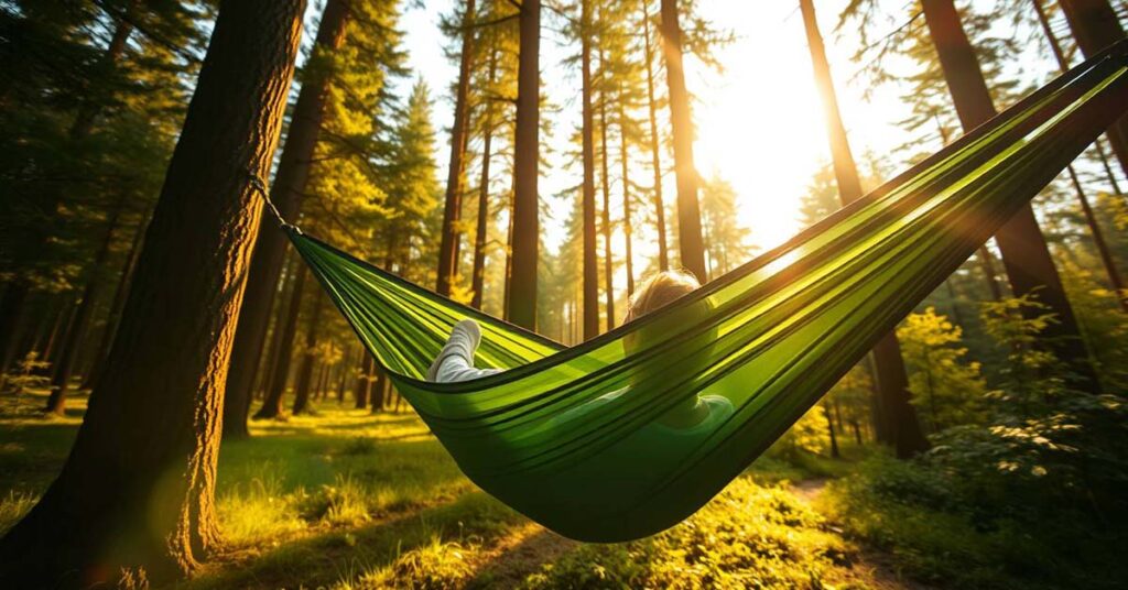 Camper relaxing in a durable camping hammock in a forest