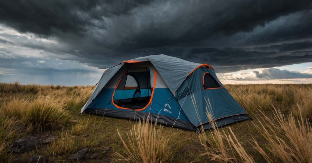 Camper securing a tent in high winds for extreme weather camping.