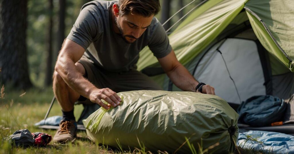 Camper shaking out gear to remove bugs before entering the tent