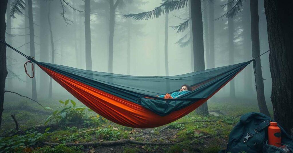 Camper testing hammock setup for stability and comfort