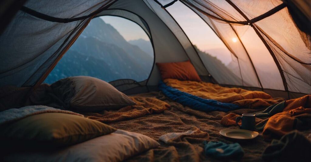 Camper sleeping under a bug net inside a tent