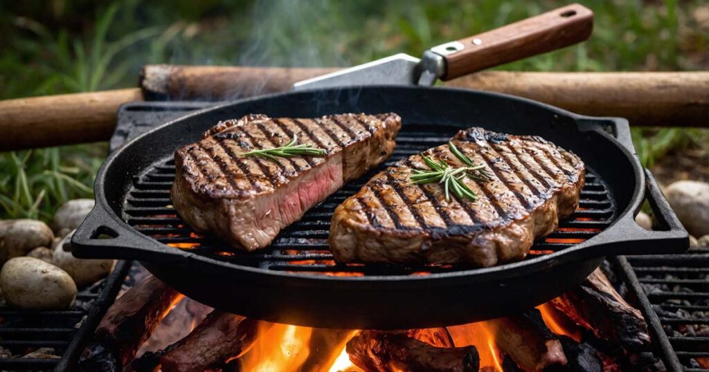 Cooking fresh meat over a campfire during a camping trip