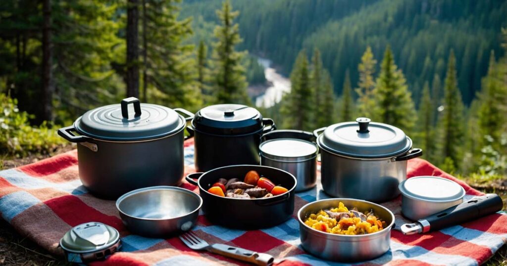 Essential camping cooking gear: portable stove, pots, utensils, and cooler