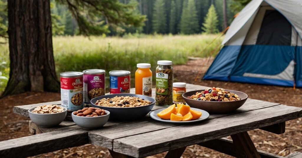 Variety of camping food for a 3-day trip, including oatmeal, granola bars, and trail mix