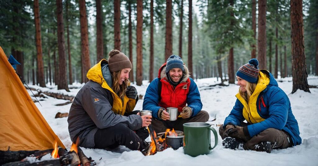 Campers enjoying warm drinks outside their tent in a snowy forest