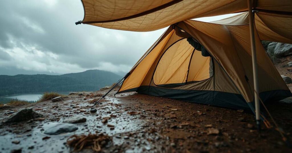 Campsite set up on high ground to avoid flooding during heavy rain.