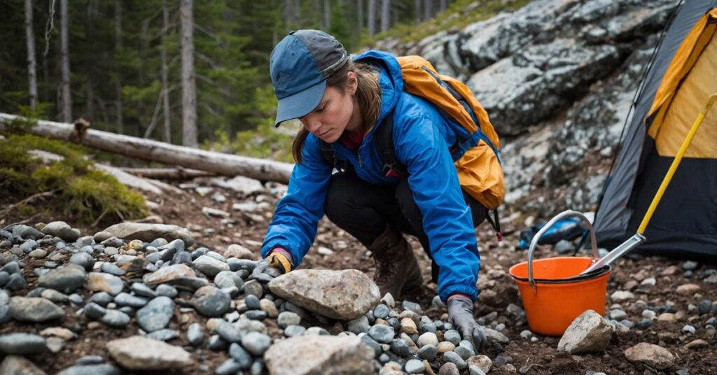 Clearing rocks and debris to prepare a campsite on rocky ground