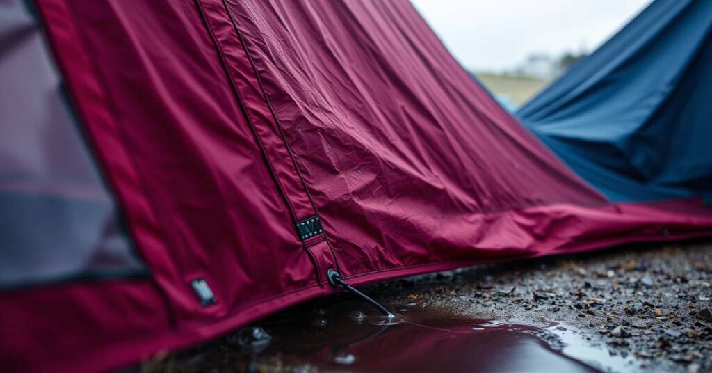 Close-up of a tent’s waterproof rainfly and taped seams