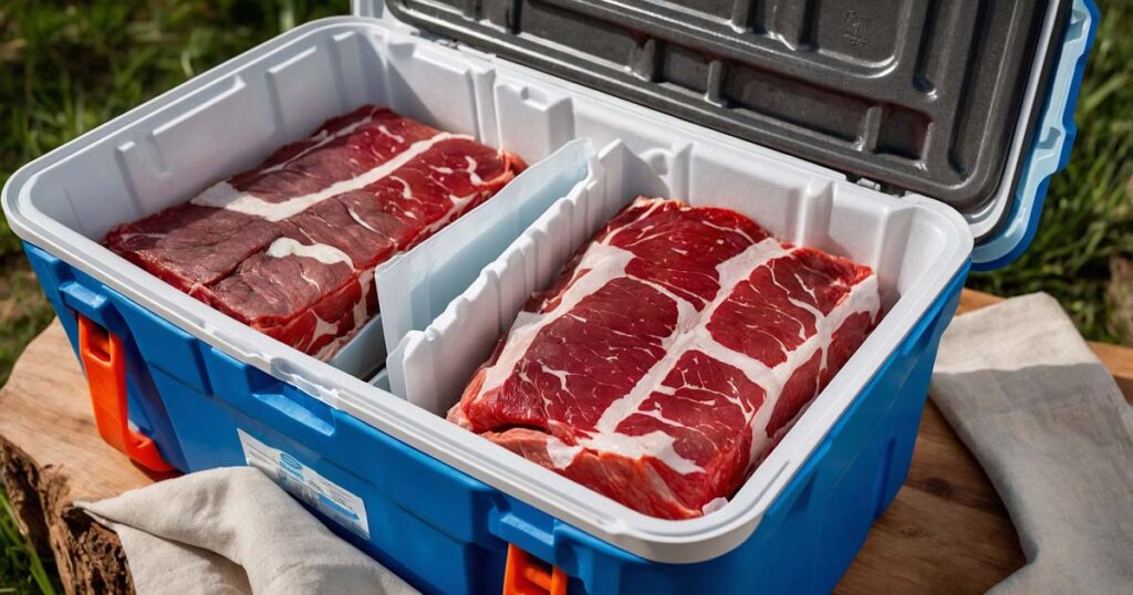 High-quality cooler packed with meat and ice for camping