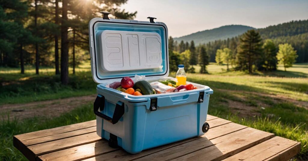 A well-organized cooler with ice packs, meat, and vegetables for summer camping food storage