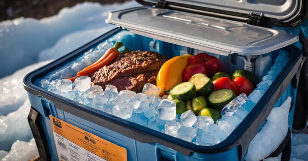 Properly packed cooler with ice packs and perishable food items for camping