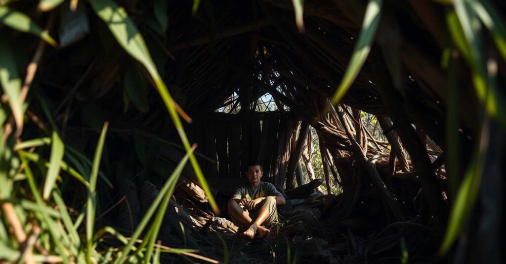 Insulated interior of a debris hut survival shelter in the wilderness