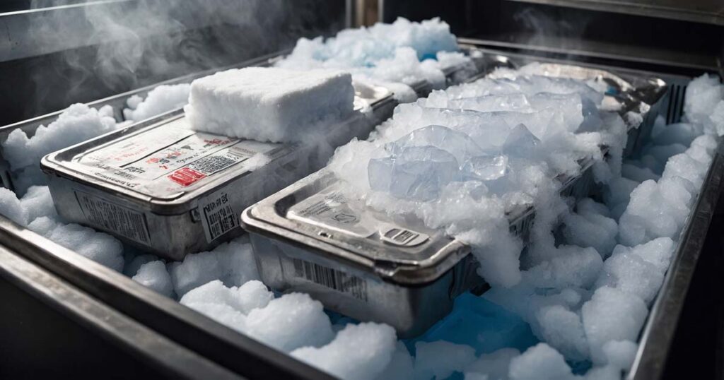 Dry ice used to store meat in a camping cooler