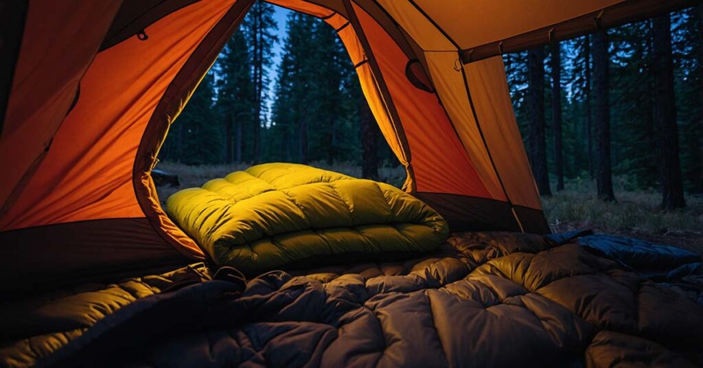 Sleeping bag, pad, and liner setup inside a warm, cozy tent