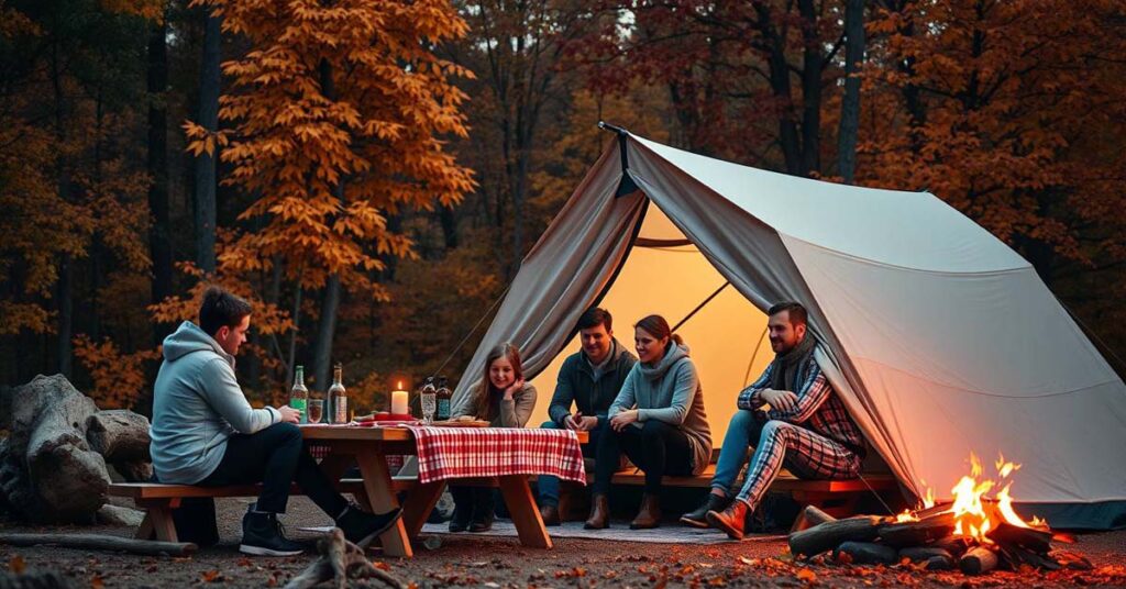 Family enjoying tent camping with a large tent and campfire