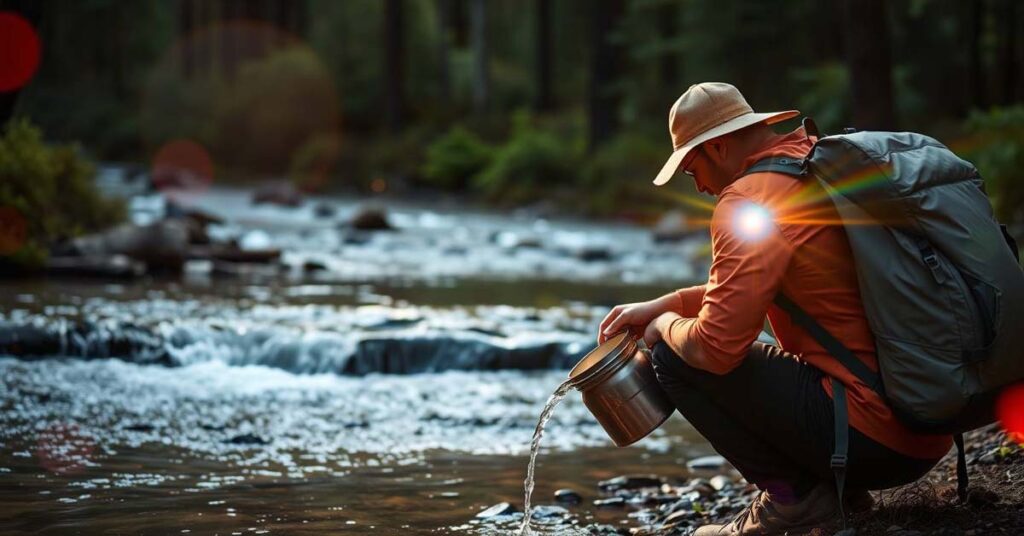 Camper collecting water from a forest stream in the wild