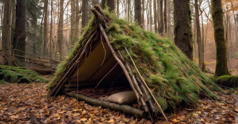 A completed bushcraft shelter with a thick bedding layer inside