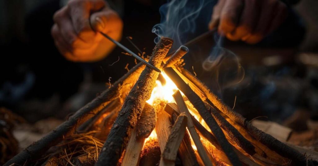 Starting a fire in bushcraft camping using a ferro rod, tinder, and kindling for warmth and cooking.