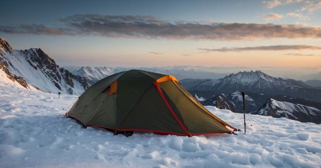 Four-season tent in a snowy mountain environment for cold weather camping