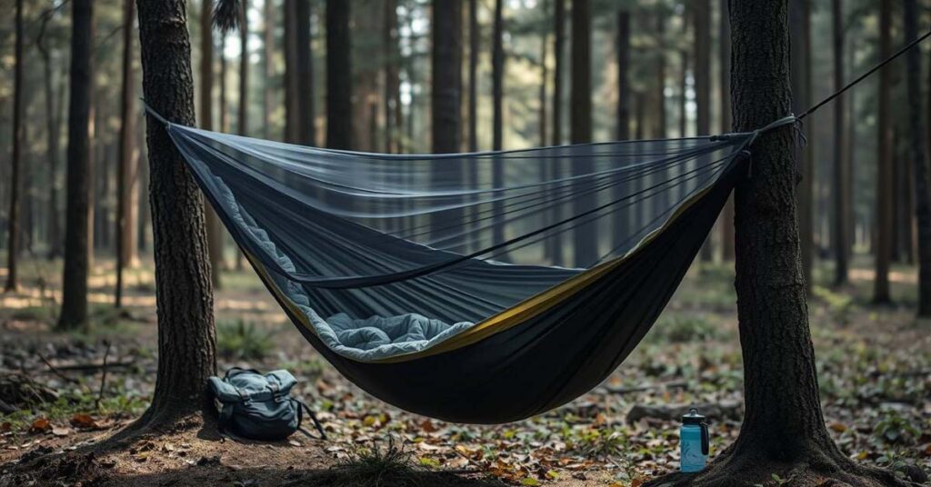 Fully set up hammock with rainfly, bug net, and underquilt