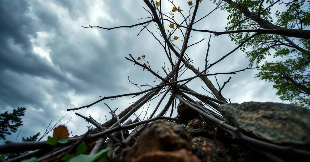 Natural materials like sticks, leaves, and rocks gathered for building a survival shelter