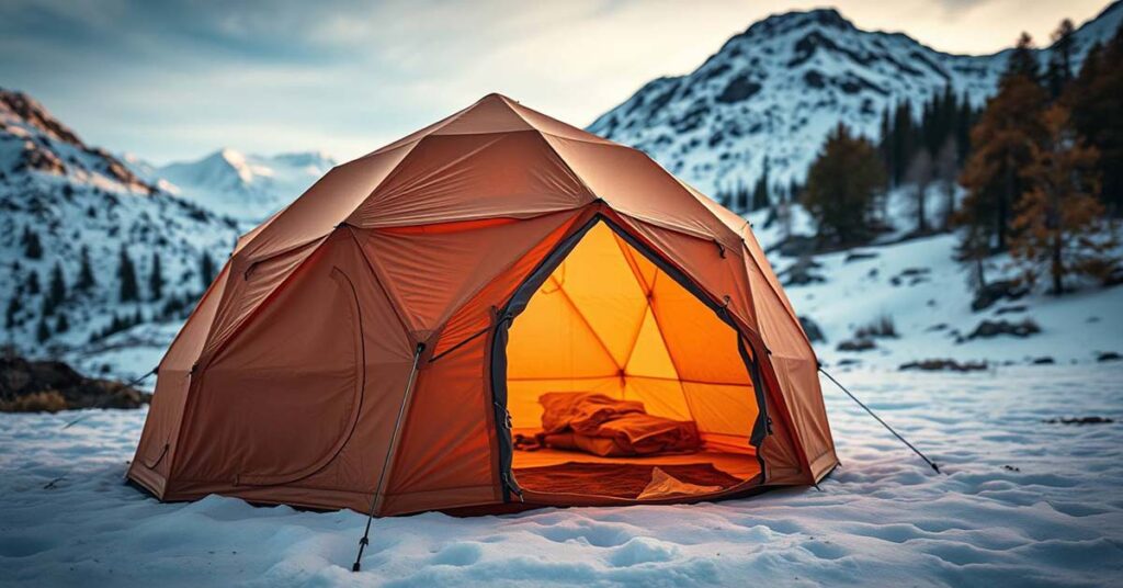 Geodesic tent set up in snowy mountain conditions