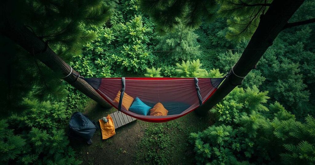 A hammock camping setup in a forest with rain tarp and bug net