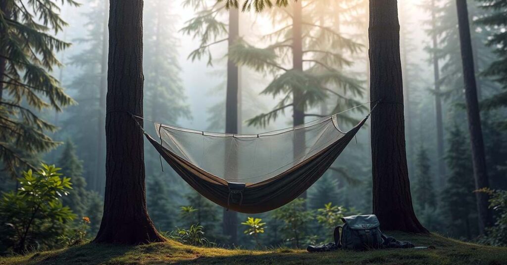 Hammock camping in rainy weather with rainfly protection