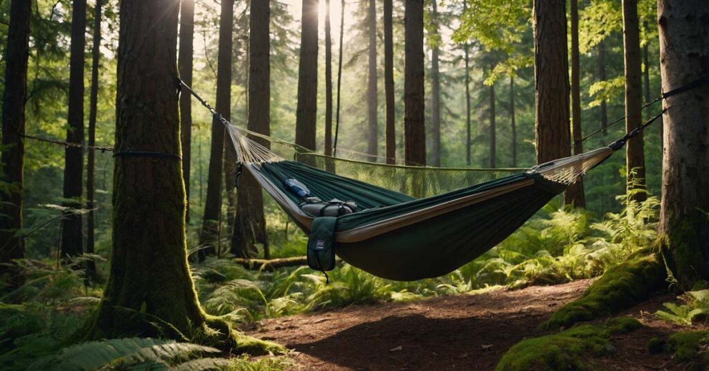 Hammock hung between two trees for camping