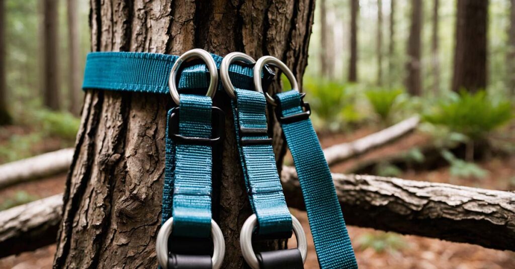 Close-up of a hammock suspension system with tree-friendly straps