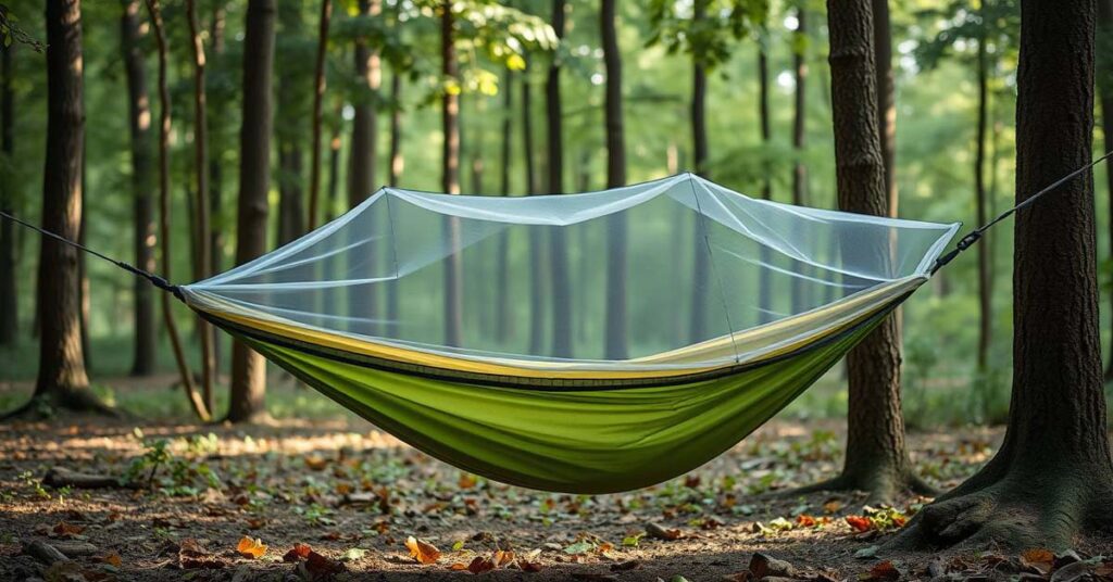 Camping hammock with bug net and rainfly in a forest