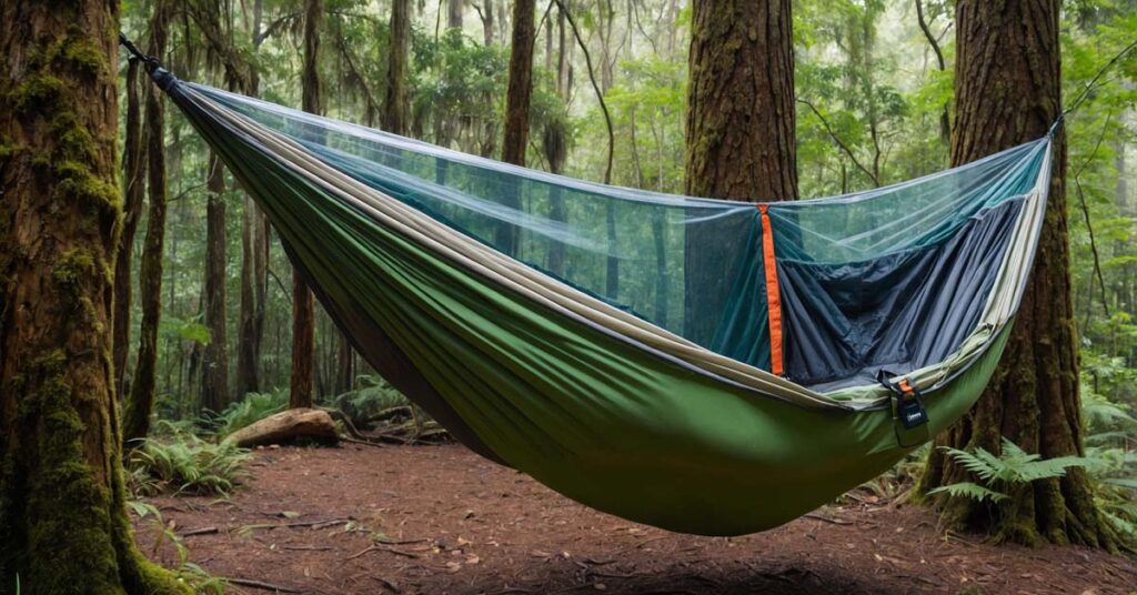 Camping hammock with built-in storage pockets in use